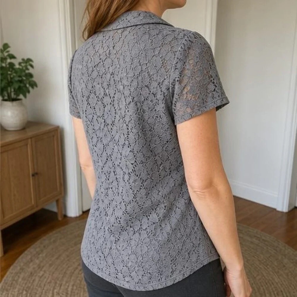 Lace Short-Sleeve Button-Down Shirt - Gray - Picture 3 of 6